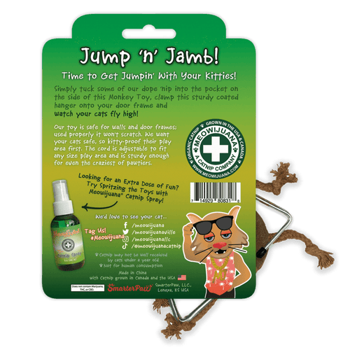 Meowijuana Jump 'n' Jamb - Get The Monkey Off Your Back - Refillable Catnip Swinging Toy (Medium)
