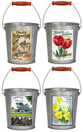 VINTAGE SEED PACK BUCKET WOOD HANDLES 7 IN